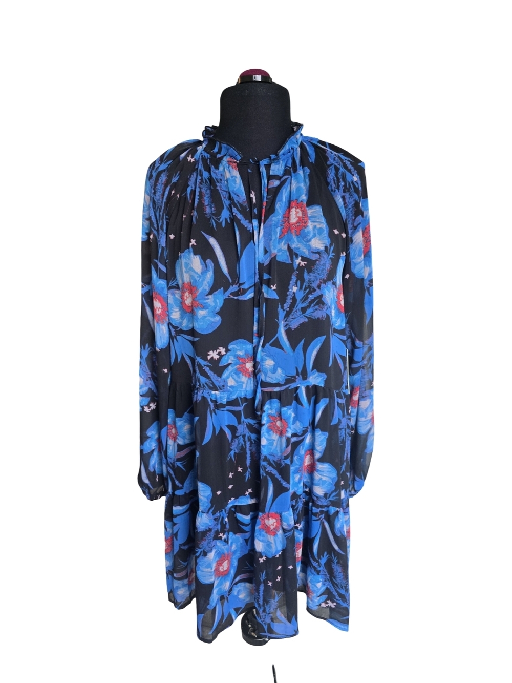 NWT Lark & Grey Long Sleeve Dress Black Blue Red Floral Print Size XL